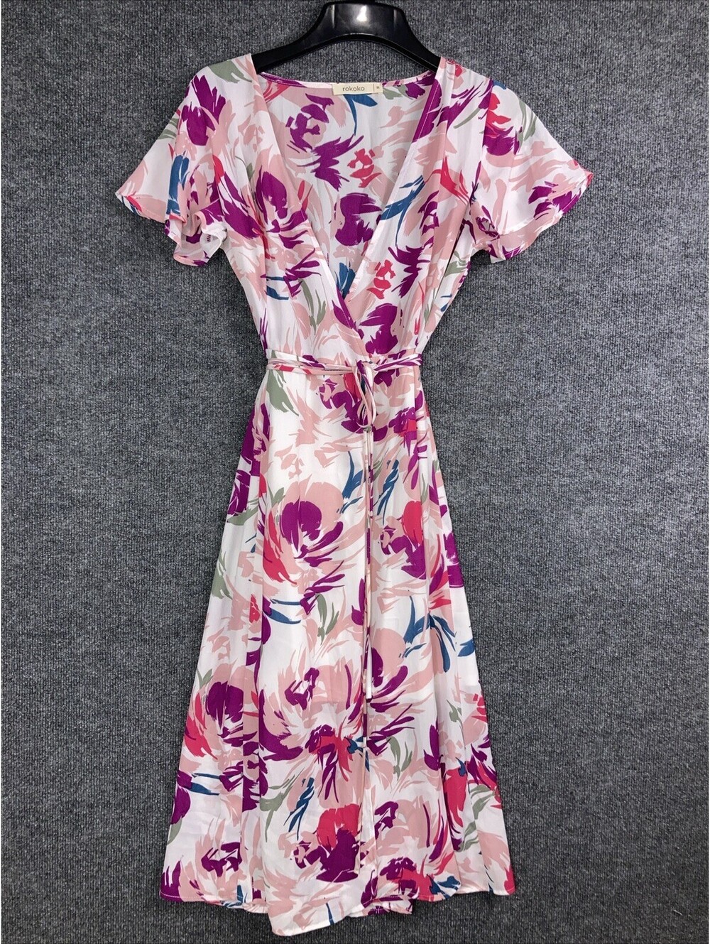 Rokoko Womens Medium Pink Floral Full Length S/S V-Neck Wrap Dress EUC